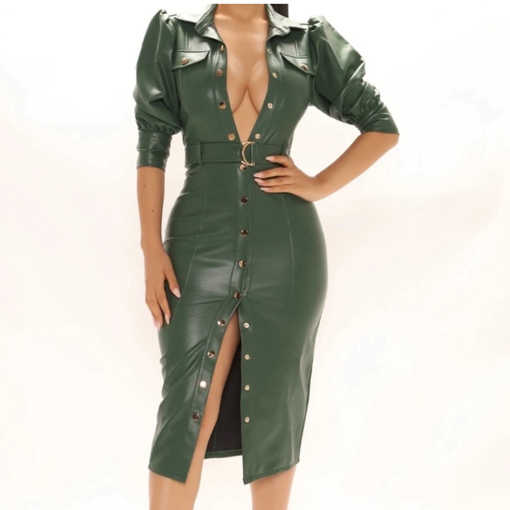 Green Faux Leather Button-Up Dress